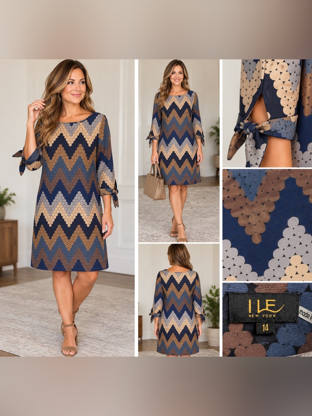ILE New York Size 14 Blue Tan Geometric Chevron Shift Dress